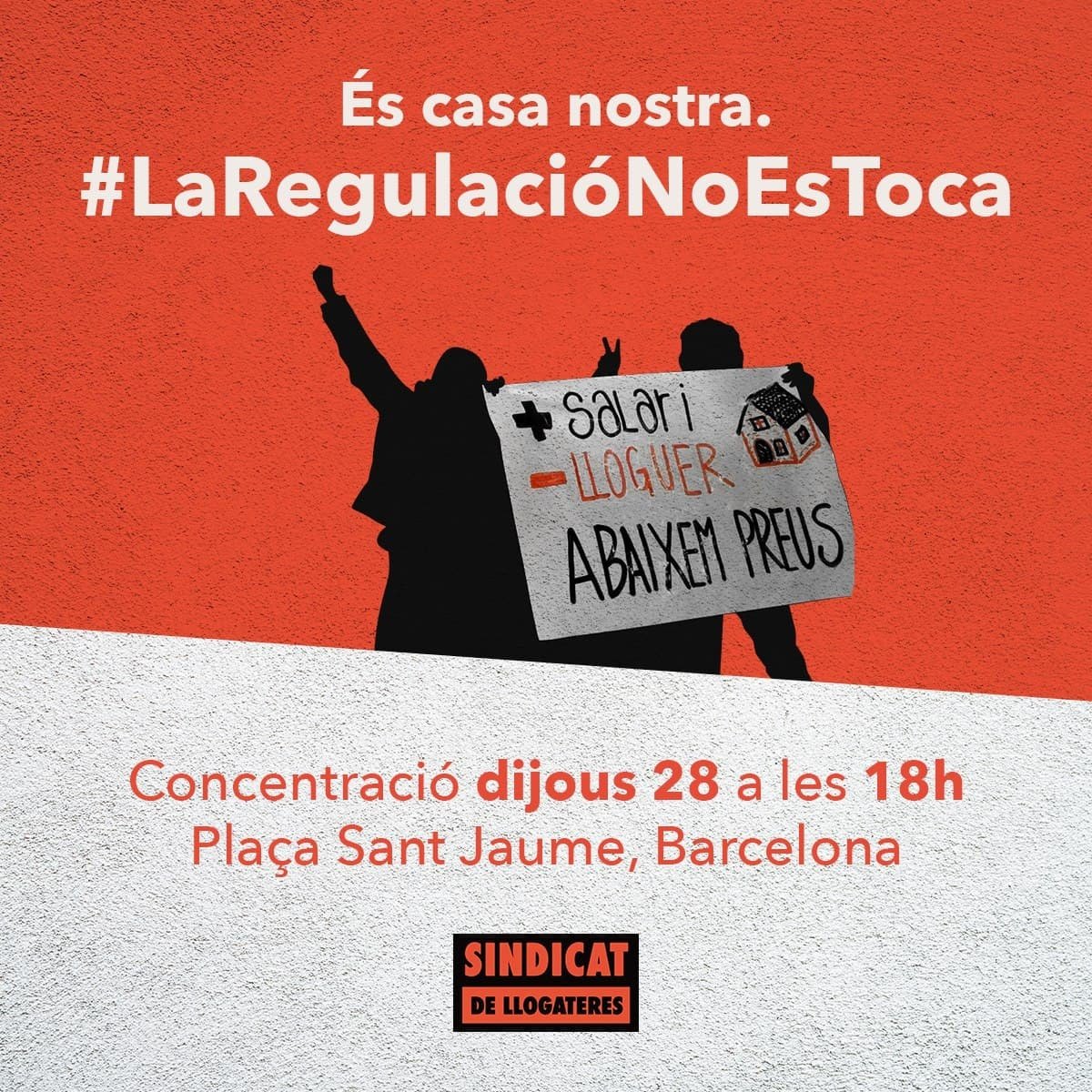 Demà toca sortir al carrer per defensar el que hem aconseguit: regular els lloguers  

El PP vol tumbar la llei 11/2020 via Constitucional. No els ho permetrem! 

A Catalunya ja hem votat i hem votat regulació! 

<a href="/SindicatLloguer/">Sindicat de Llogateres i Llogaters</a> <a href="/pahcatalanes/">PAH Catalanes</a> 

#LaRegulacioNoEsToca