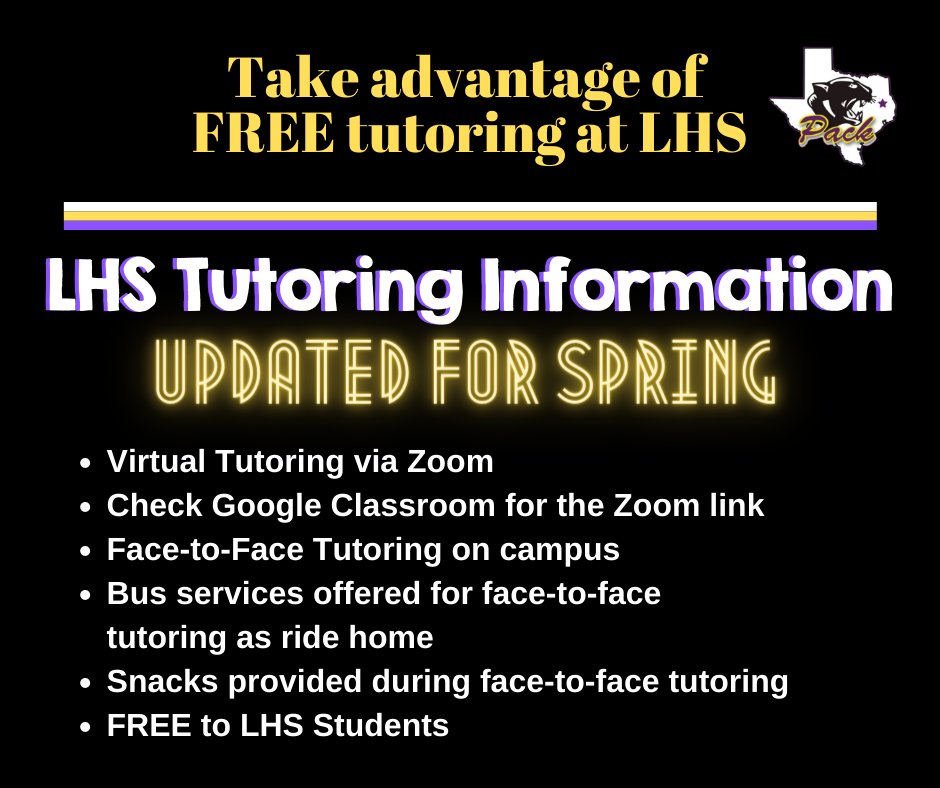 LHS Media (@media_lhs) on Twitter photo LHS offers 2 options for free tutoring: in person & virtual. See the updated dates/times for spring, here:
sites.lufkinisd.org/lhs/2021/01/27…
@BrandonHBoyd <a href="/LufHSCounseling/">LHS Counseling</a> @cdavis_LECHS <a href="/LufkinECHS/">Lufkin ECHS</a> <a href="/suzy_jungmann/">Suzy Jungmann</a> <a href="/erinccurrie/">Erin Currie</a> <a href="/ekay28/">Erin Kay</a> <a href="/DanUsher_/">Dan Usher</a> <a href="/AngelaStanley_/">angela.stanley4573@gmail.com</a> <a href="/jay_srhoades/">Jay Rhoades</a> @printgaljoy LHS offers 2 options for free tutoring: in person & virtual. See the updated dates/times for spring, here:
sites.lufkinisd.org/lhs/2021/01/27…
@BrandonHBoyd <a href="/LufHSCounseling/">LHS Counseling</a> @cdavis_LECHS <a href="/LufkinECHS/">Lufkin ECHS</a> <a href="/suzy_jungmann/">Suzy Jungmann</a> <a href="/erinccurrie/">Erin Currie</a> <a href="/ekay28/">Erin Kay</a> <a href="/DanUsher_/">Dan Usher</a> <a href="/AngelaStanley_/">angela.stanley4573@gmail.com</a> <a href="/jay_srhoades/">Jay Rhoades</a> @printgaljoy