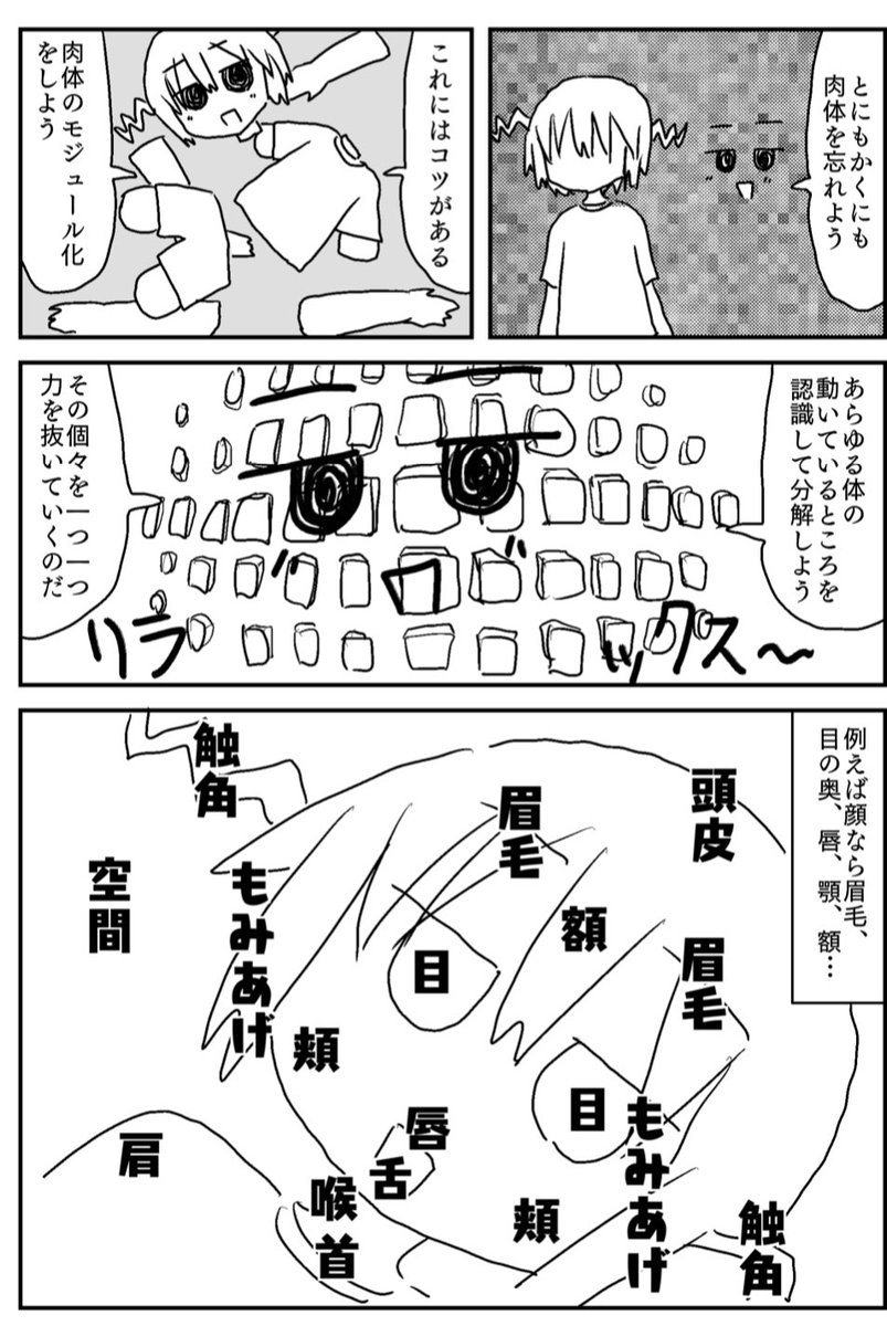 絵的な楽しさの部分については、とにかくみてもらいたいという他にないのだけど(白目)
どうしても抜粋して紹介したくなってしまったから、ちょっと伝える(白目)
睡眠から明晰夢に入り込むときの、導入の描写が一番目まぐるしくて感覚的で好きだ(白目)
この大ゴマ1ページは美しすぎる(白目) 