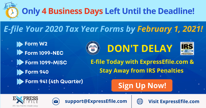 efile_express's tweet photo. ACT NOW!!!
IRS/SSA #FormW2, #Form1099NEC, #Form1099MISC (Recipient Copy Deadline), #Form940, #Form941 for the Tax Year 2020 will be DUE in 4 Business Days.
E-file Your Tax Forms with https://t.co/kWML8suqen Today & Stay Away From #IRS penalties.
#TaxSeason #Taxfiling #Employers https://t.co/4ZpqTTvXye