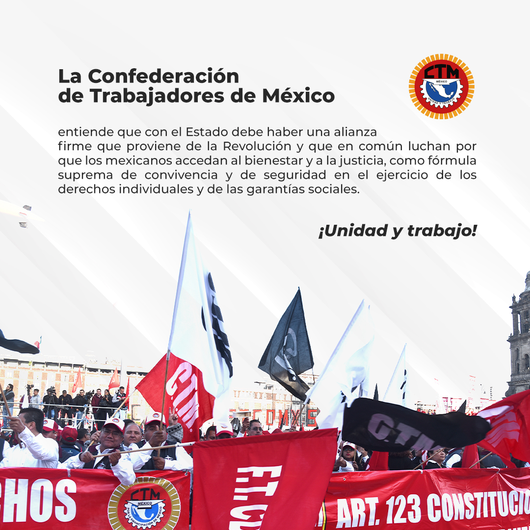 CTM_MX's tweet photo. La @CTM_MX está en una lucha permanente para que sean respetados integralmente los derechos laborales de las y los trabajadores de México.🇲🇽

¡Unidad y Trabajo! https://t.co/FrodFaqmUV