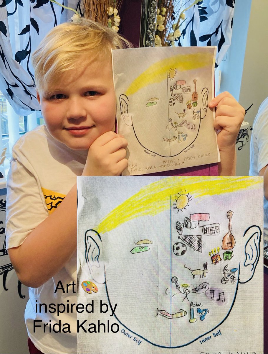 sjmackenzie80's tweet photo. Alfie, year 6 from @EmersonValley- Art lesson today inspired by Frida Kahlo #homeschooling2021 #art https://t.co/8rcRGE41e4