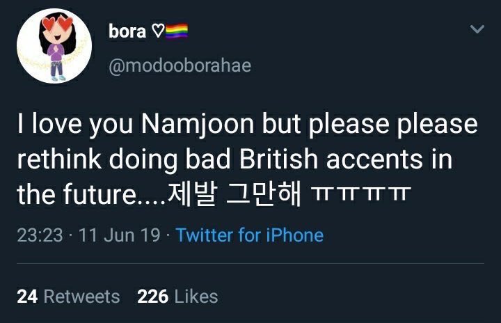 Since armys still refuse to believe that Modooborahae is an Anti, here is a short summarisation on everything she has done:- Bora mocked N/J british Accent. Mocking an Accent of someone who isn’t a native speaker is disrespectful and not okay.