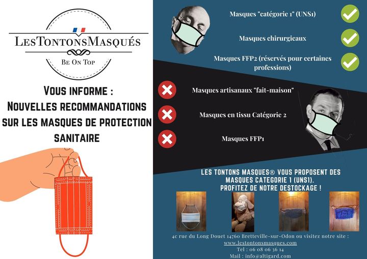 OLLIERChris's tweet image. Suite aux recommandations du 21 janvier 2021, privilégiant notamment les masques CAT1, et en attendant le décret officiel, Les Tontons Masqués vous recommandent de profiter du déstockage sur lestontonsmasques.com
"Faut reconnaître... C'est du brutal."(Raoul Volfoni)