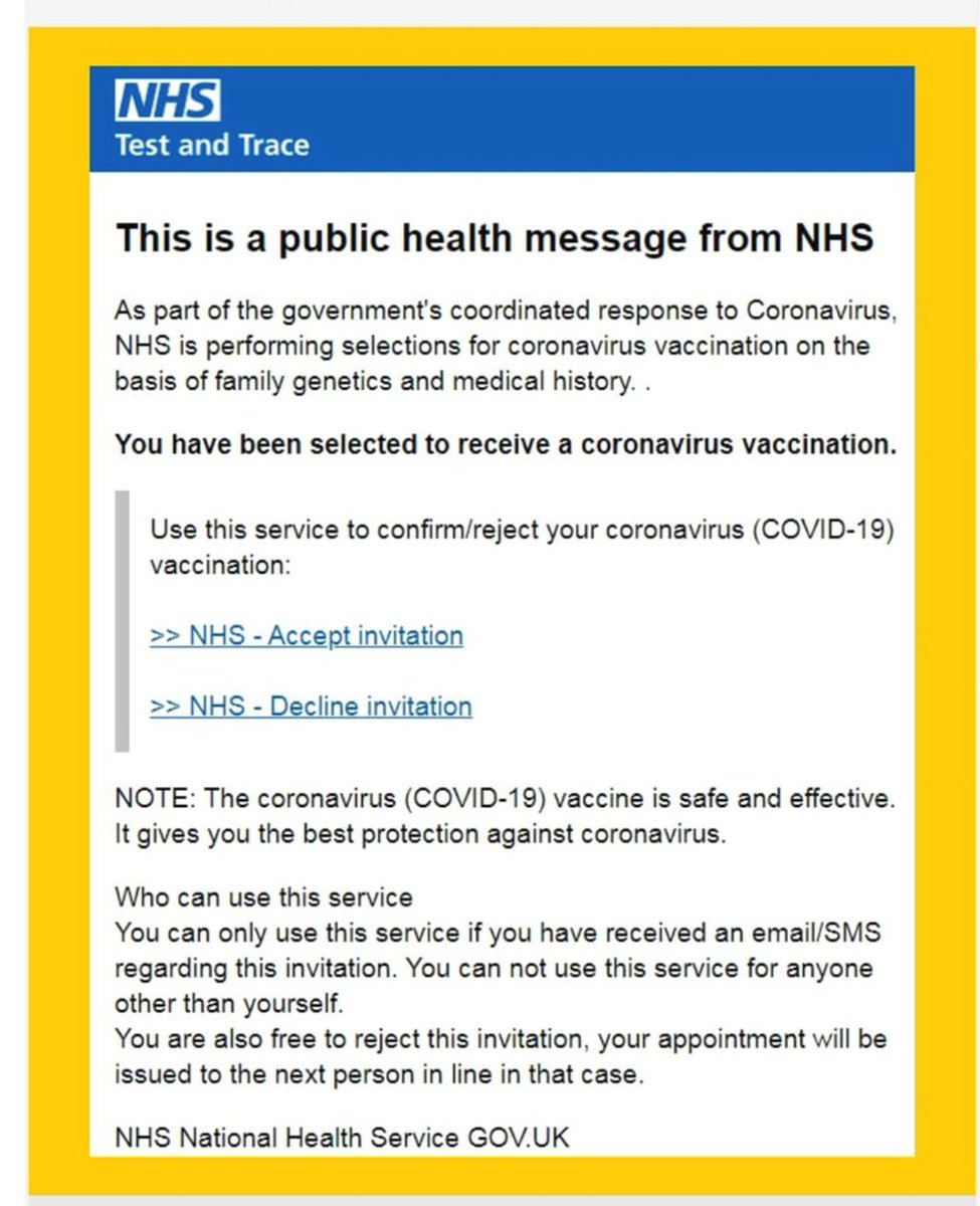 We have been made aware of a fraudulent email which is currently circulating claiming to have been sent from the NHS Test and Trace service. Please note the email, as featured below, is a SPAM vaccination email. Please do not click any links within the email.(1/4)