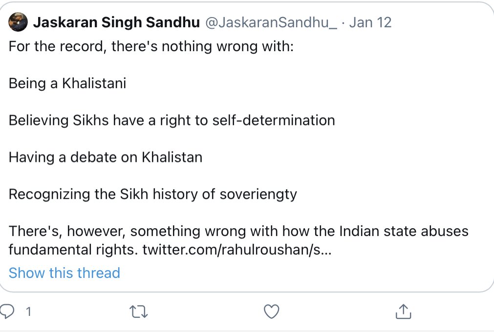 I want to believe these protests are not religiously motivated-that they are folks misled by  #fakenews and demagoguery. But why are some diasporic advocates continuing to suffuse the protests with religious imagery or Khalistan, when most Sikhs globally reject separatism? 3/