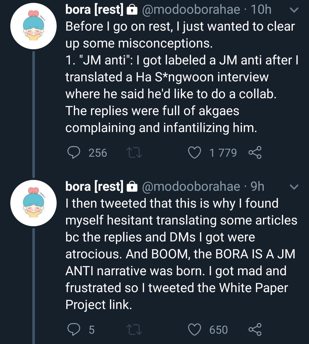 - When Bora got called out for showing J/M anti behaviour, she bragged about how she helped with the White Paper Project. This is a sensitive Topic and her bringing it back after years just to show off proves she doesn’t actually care about the backlash J/M got because of it.