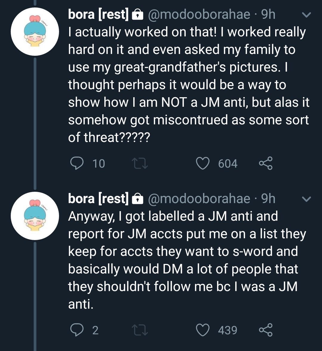 - When Bora got called out for showing J/M anti behaviour, she bragged about how she helped with the White Paper Project. This is a sensitive Topic and her bringing it back after years just to show off proves she doesn’t actually care about the backlash J/M got because of it.