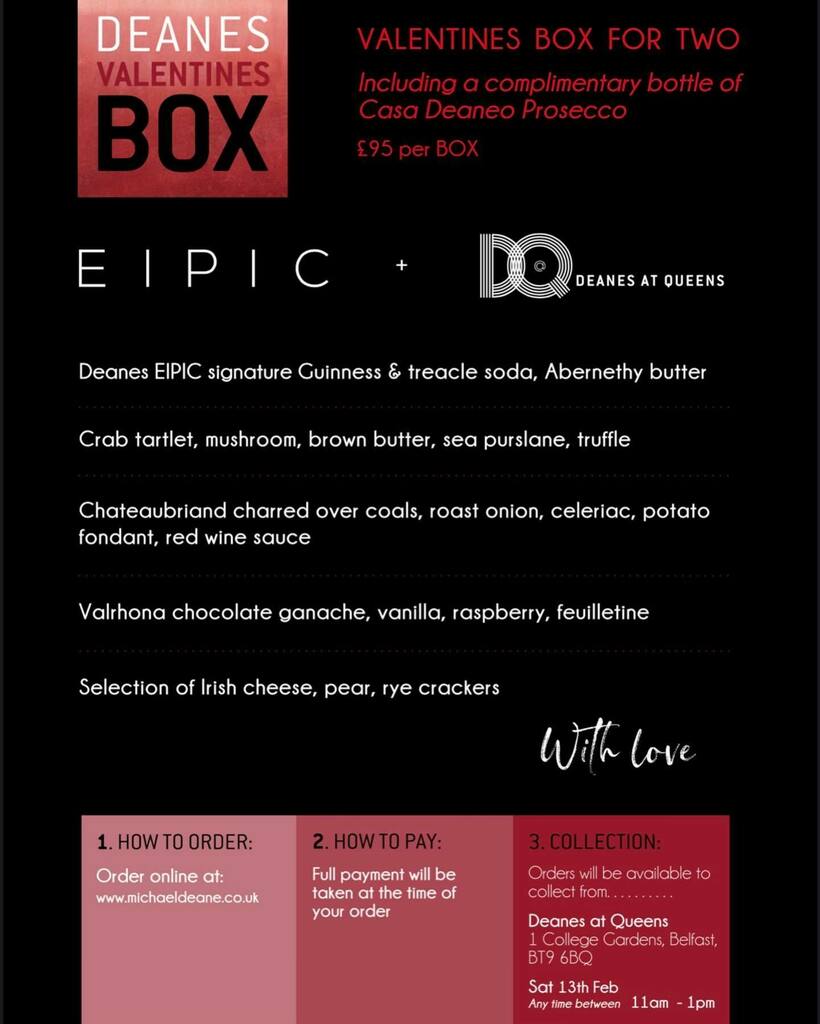 Today’s reason to be cheerful!!!

Just released . . . . 

DEANES VALENTINES BOX FOR TWO

Available to order online at michaeldeane.co.uk

#eatatdeanes #deaneseipic #casadeaneo #deanesatqueens #lovedeanes #lovelove #deanestogo #lockdownlife #suppo… instagr.am/p/CKjapKlhIR_/