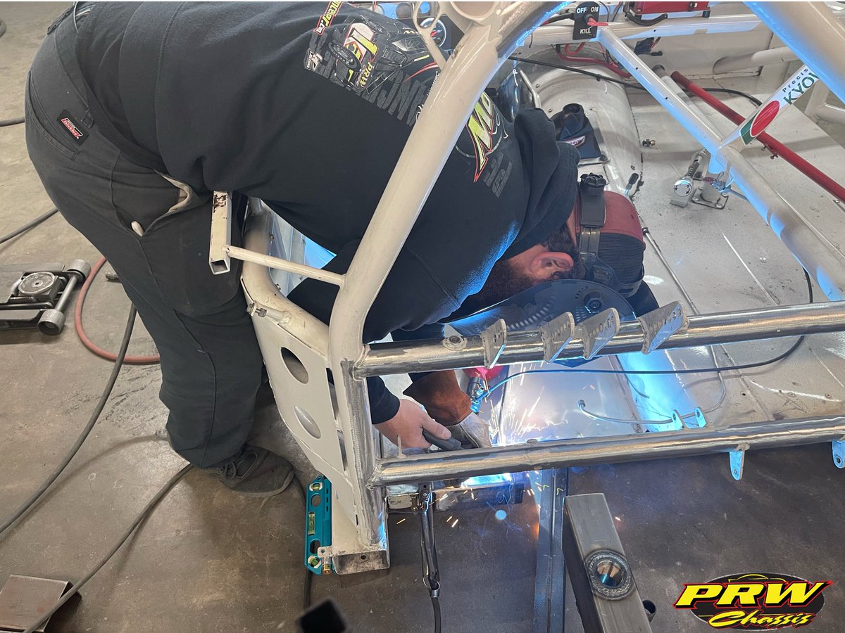 PRWchassis's tweet photo. Zippy said to not let him tip over!! Whoever said you'd always be comfortable welding lied!! #PRWChassis #Welding #TipOver #Racing #NASCAR #Fabrication #RearClip #RaceCar https://t.co/nOtLmR8lua