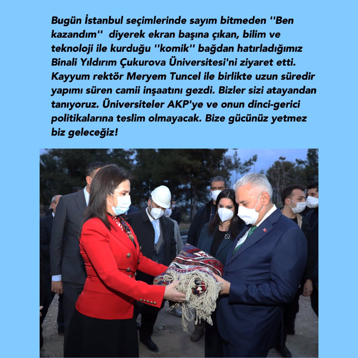 Üniversiteler AKP'ye ve onun dinci-gerici politikalarına teslim olmayacak. Bize gücünüz yetmez biz geleceğiz!
#KayyumRektörİstemiyoruz #ÇukurovaÜniversitesi #KayyumRektör