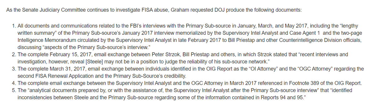 2/ on Apr 27, 2020, Graham made a well-constructed request to DOJ for the key FBI memos and texts that would document FBI's reception of PSS/Danchenko testimony which ought to have raised concern about fraud in Steele dossier https://www.judiciary.senate.gov/press/rep/releases/chairman-graham-requests-source-documents-that-substantially-undercut-steele-dossier-legitimacy-of-carter-page-fisa-warrants