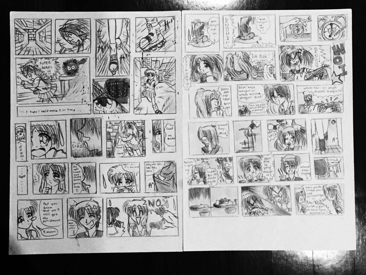 I continued drawing more and more, and even started playing with ink. However, I was still not confident to draw large images, thus keeping them in small thumbnail sizes. Unfortunately, this proves to be a hassle when there’s a lot of dialogues involved.