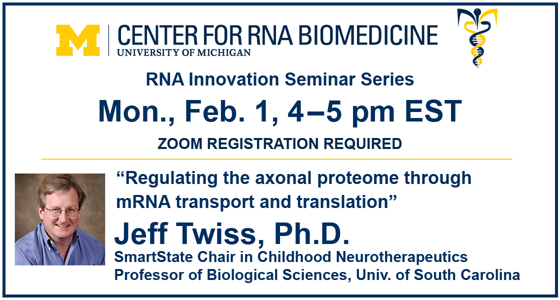 umichrna's tweet photo. Monday, Feb 1, 4:00 pm EST, our #RNA Innovation Sem. Series with Jeff Twiss, PhD, Univ. South Carolina: "Regulating the axonal proteome through mRNA transport and translation"
REGISTRATION: https://t.co/TFHp9g3dlb
#Neuron #Axon, #RNAtransport #Translationalregulation
@USCPeds https://t.co/ULk6dGHHJv