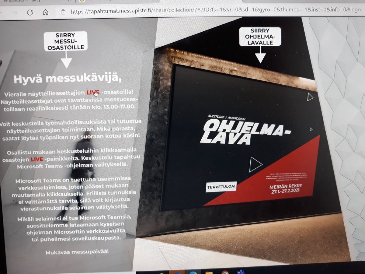 leena_tuohimaaK's tweet photo. MeiränRekry-messutapahtuma virtuaalisesti käynnissä. Linkit toimivat hyvin. Kätevästi kotisoffalta osastolta toiselle👍. Käykäähän tutustumassa😊#EPOTE-palvelut, #EPO-yrityspalvelukeskus. https://t.co/dFiUkSgWFN