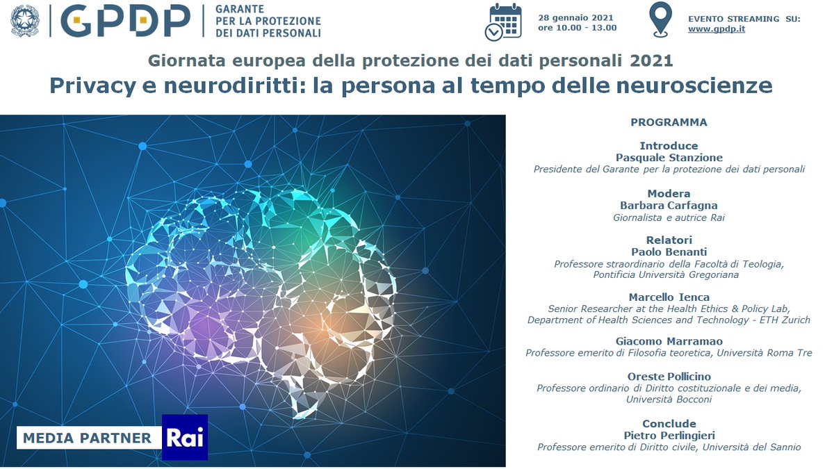 Domani 28 gennaio Giornata Europea della protezione dati. Convegno del Garante su "Privacy e neurodiritti: la persona al centro delle neuroscienze". Streaming su gpdp.it

gpdp.it/web/guest/home…