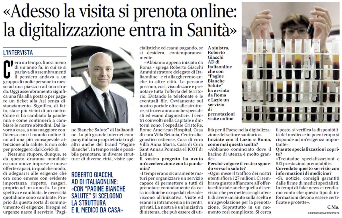 Oggi è online paginebianchesalute.it. Un passo avanti verso la digitalizzazione della sanità italiana, un servizio fondamentale per i nostri utenti, che semplifica la vita a pazienti e strutture. Ne ha parlato il nostro CEO <a href="/GiacchiRoberto/">Roberto Giacchi</a> in un'intervista a Il Messaggero