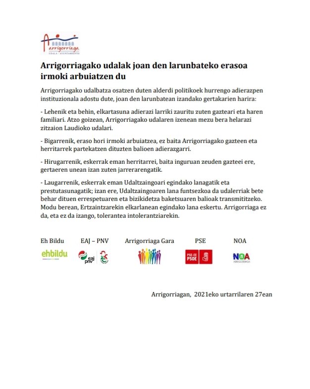 Arrigorriaga_U's tweet photo. 📌 Adierazpen Instituzionala - Declaración Institucional 

🗣 Arrigorriagako Udalak joan den larunbateko erasoa irmoki arbuiatzen du

🗣 El Ayuntamiento de Arrigorriaga rechaza enérgicamente la agresión del pasado sábado https://t.co/vL5hPw3Ii8
