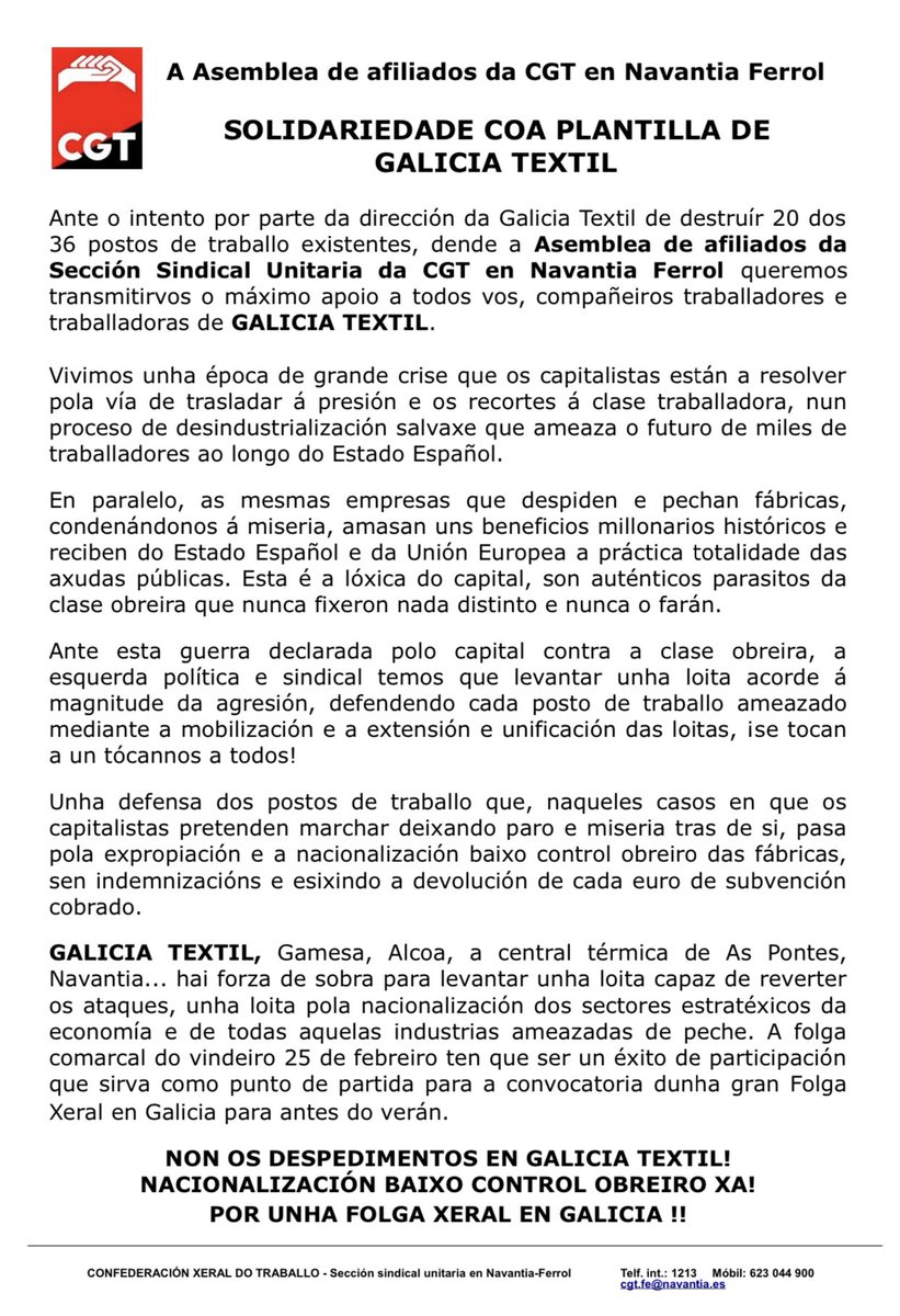 CGTNavantiaFE's tweet photo. A Asemblea de afiliados da CGT en #Navantia Ferrol se solidariza coa plantilla de #GaliciaTextil.
NON OS DESPEDIMENTOS EN GALICIA TEXTIL!
NACIONALIZACIÓN BAIXO CONTROL OBREIRO XA!
POR UNHA #FOLGAXERAL EN GALICIA !!
PDF eiqui: https://t.co/g3LKVoIgtm https://t.co/i781QrTeXQ