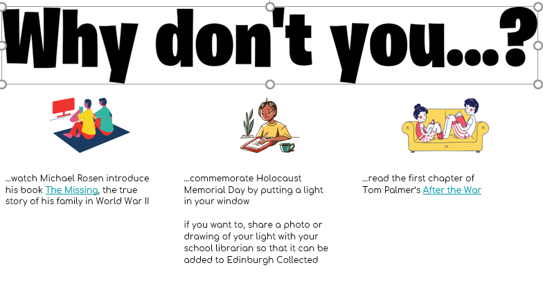 Today we commemorate Holocaust Memorial Day &amp; all those affected by genocide. #Edinburghschoollibrarians#DailyChallenge today includes activities you yourselves can do &amp; readings from authors who shed light in darkness. Keep well &amp; happy, keep reading: tinyurl.com/y56pe6eu