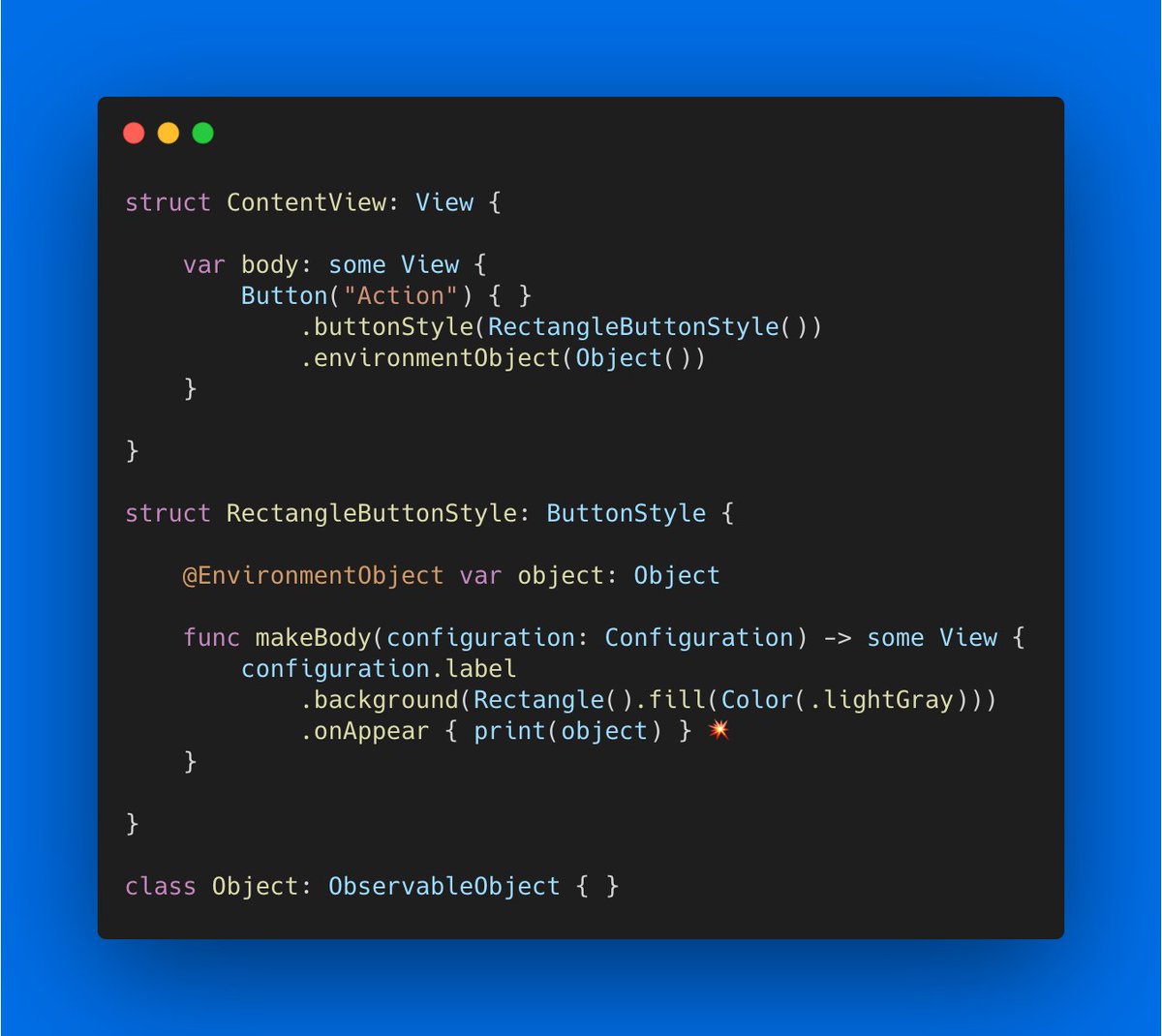 swiftuibugs's tweet image. EnvironmentObjects are not propagated to ButtonStyles, resulting in a fatal error &quot;A View.environmentObject (_ :) for * may be missing as an ancestor of this view&quot;.
iOS version: 14.3
#SwiftUI
