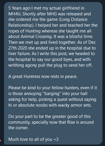 MH_Canta's tweet photo. I've recently learned that a fellow MH fan and long-time viewer of my channel has sadly passed away earlier this month so this Sunday I will do an MHGU open lobby stream in her honor and hunt a bunch of (Soulseer) Mizutsune, her favourite monster. More details below. https://t.co/GZUT82MAH9