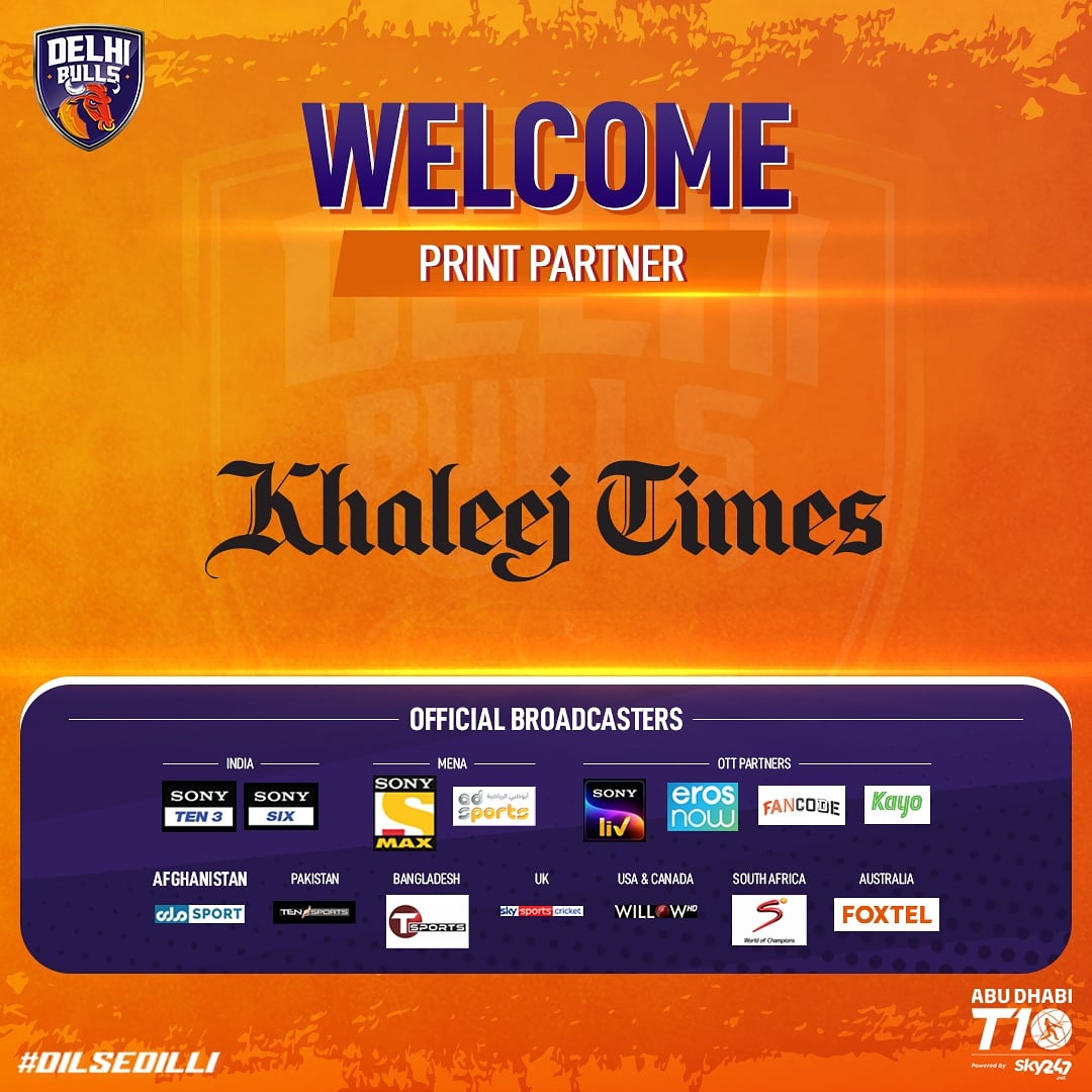 We are proud to present @khaleejtimes as our official Print Partner for Season 4️⃣ of #AbuDhabiT10! 😊👏
#KhaleejTimes #DilSeDilli #DelhiBulls #DelhiBullsT10 #InAbuDhabi #T10Cricket @T10League https://t.co/YFo9hkousA