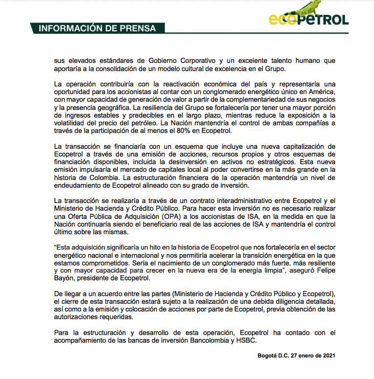 ECOPETROL_SA's tweet photo. #Atención | Ecopetrol avanza en su transformación para ser la empresa de energía de Colombia y presenta oferta no vinculante para adquirir la participación que tiene la Nación en ISA, equivalente al 51,4%. https://t.co/AB6FfCwcM6