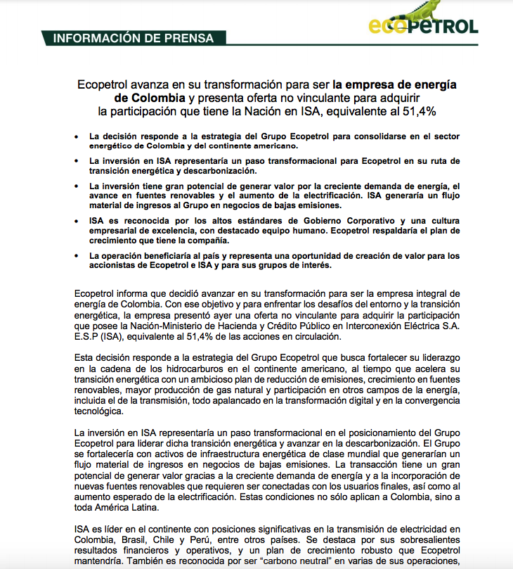 ECOPETROL_SA's tweet photo. #Atención | Ecopetrol avanza en su transformación para ser la empresa de energía de Colombia y presenta oferta no vinculante para adquirir la participación que tiene la Nación en ISA, equivalente al 51,4%. https://t.co/AB6FfCwcM6