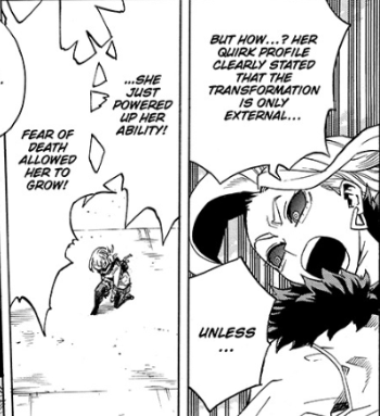 Next 'asspull' is Toga's powerup. It was explained, same arc, that quirks can undergo Quirk Awakenings/Evolutions. You may not LIKE that this can happen, but nevertheless, it was not out of nowhere.