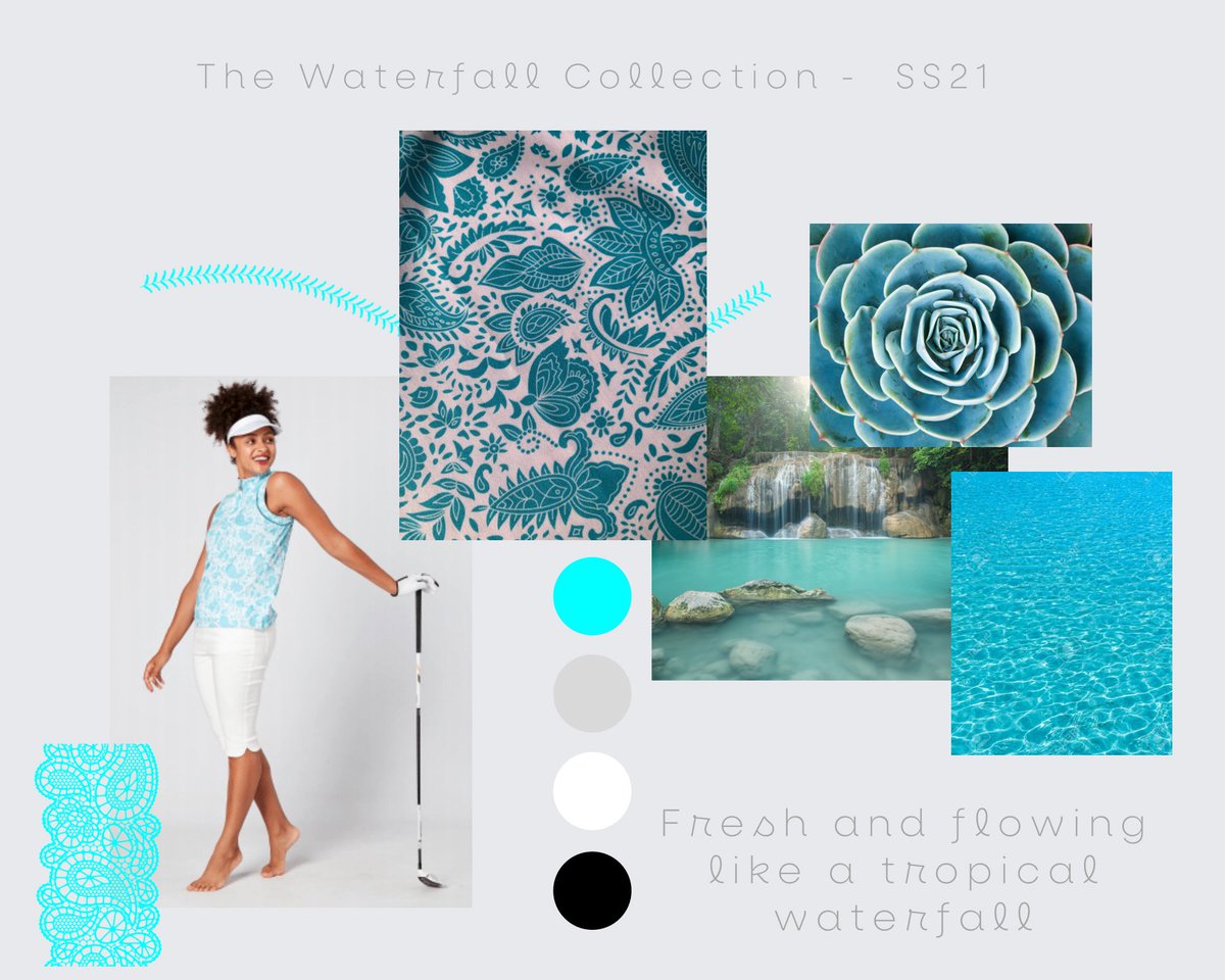 sosladiesgolf's tweet photo. Today we’re sharing the first mood board from our SS21 collection. The Waterfall collection uses colour of the year, Aqua.This collection has strong solid colours alongside a modern paisley print, designed with an extra little detail &amp; design twist you’ve come to expect.#SS21 https://t.co/ANo6PIXgWl