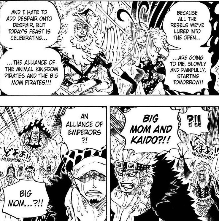 Parce que oui, on rappelle que de base Big Mom n’était pas prévue du côté de Kaido pour l’alliance.Et on sait tous que les SN n’ont aucune chance contre 2 Yonko.Pour qu’ils ne se fassent pas défoncer dans 2 chap ils doivent recevoir de l’aide (ou Big Mom doit partir).
