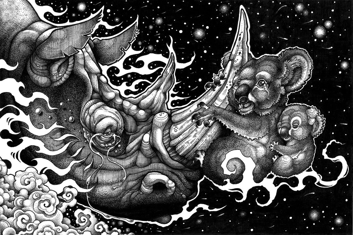 RollingTattoo's tweet photo. 🔥"Oh, por favor... ¡Llévanos a casa!"🔥 Sueño con que el espiritu de un extinto #Rinoceronte blanco salva del fuego al último #koala

70 horas de #dibujo #dotwork en a3. El 10% de su venta será para @RhinosIRF y #Friendsofthekoala #australia #koalarescue #draw #drawing #art https://t.co/rxUkndVSUG