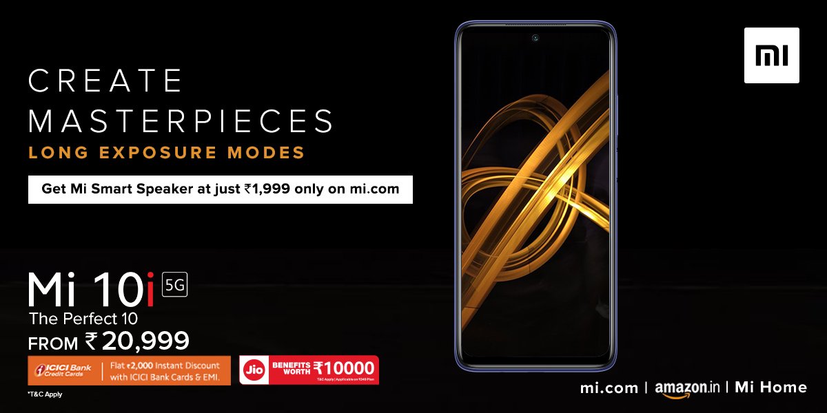 XiaomiIndia's tweet photo. Capture mesmerizing long exposure shots on the #Mi10i with ease. 

Available on https://t.co/D3b3QtmvaT, Mi Home, and @amazonIN starting from ₹20,999.

Avail amazing offers from @ICICIBank &amp; @reliancejio.
Also, get #MiSmartSpeaker at ₹1,999 on https://t.co/D3b3QtmvaT. https://t.co/kf4vDpKykh
