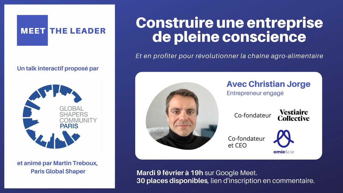 📢📅 Rendez-vous Mardi 09 février à 19h pour notre prochain #MeetTheLeader où nous parlerons de création entrepreneuriale pour une société plus juste, plus durable et plus résiliente !
👉Inscription par ici, 30 places disponibles seulement : eventbrite.fr/e/billets-cons…