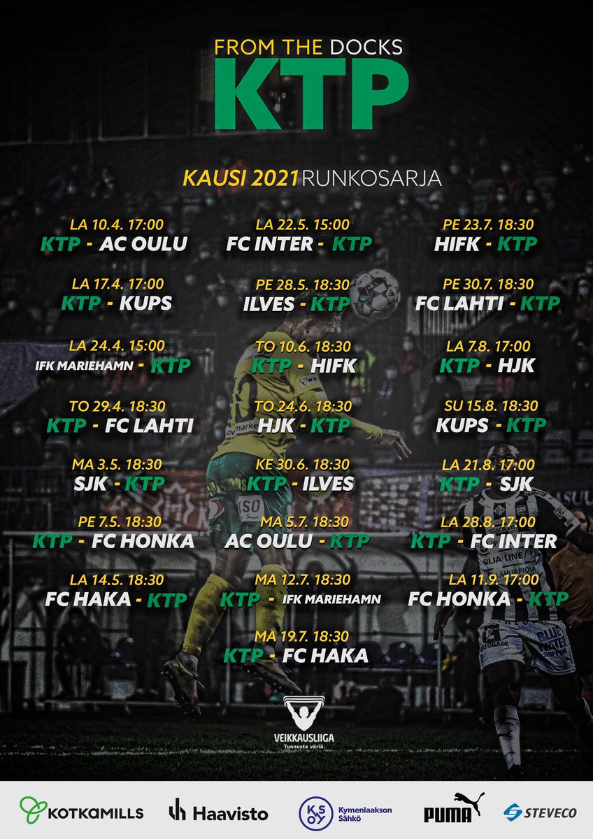 Kalenterit esiin, tässä se odotettu otteluohjelma nyt on! 📆🖊

Loppusarjat LA 18.9. - LA 16.10.
Europaikkakarsinnat LA 23.10. - LA 6.11.

Muutokset mahdollisia.

#fromthedocks #kotka #veikkausliiga