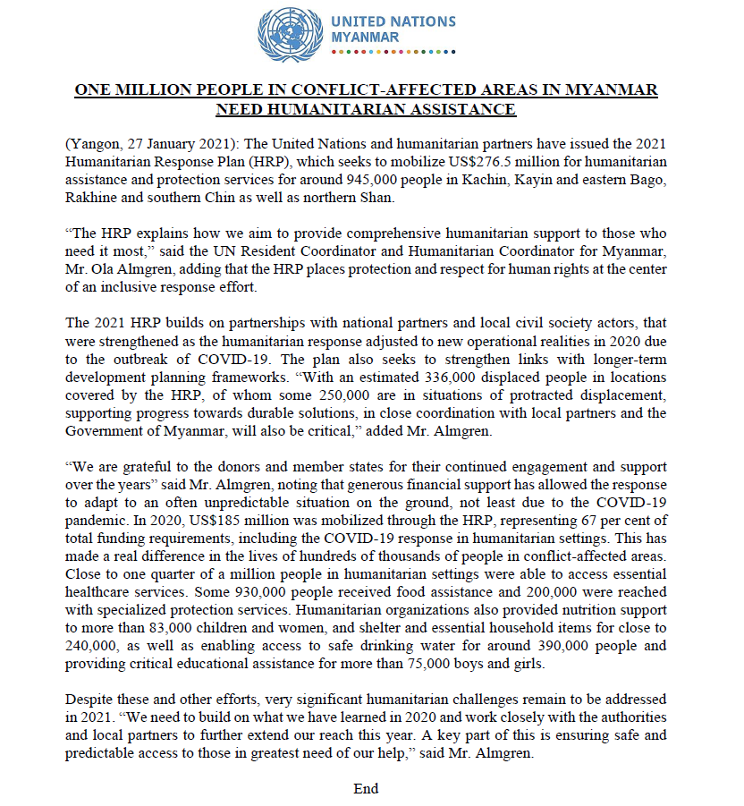 UNinMyanmar's tweet photo. The @UN and humanitarian partners issued the 2021 Humanitarian Response Plan, which seeks to mobilize $276.5M for #humanitarian assistance and protection services for around 945,000 people in conflict-affected areas in #Myanmar.
#InvestInHumanity
More: https://t.co/TtDoG8aEVS https://t.co/p94ATQNCsO