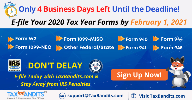 PayrollTaxForms's tweet photo. The clock is ticking! Only 4 business days are left!⏲️
File your #IRStaxforms to the IRS before the deadline.
E-file #1099forms #941form #W2 #Form940 easily and securely with TaxBandits.
#irsforms #irs1099nec #Form945 #Form944 https://t.co/8vtDD3CxyZ