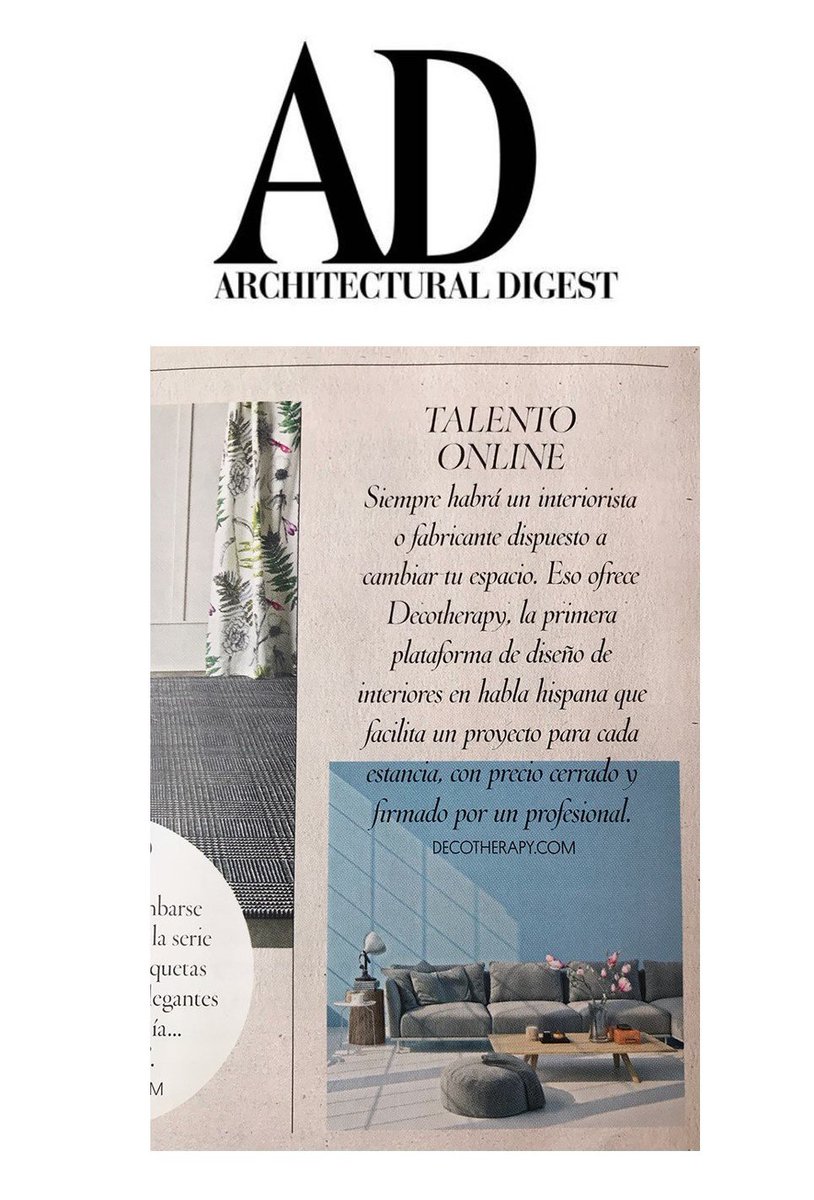 decotherapy_com's tweet photo. ¡Esto es lo que dice la prensa especializada sobre nosotros!
@AD_Spain
#decotherapy #decoraciononline #interiorismoonline https://t.co/jI25iaOI5E