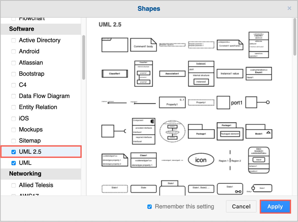 drawio's tweet photo. If you need your diagram to follow the UML 2.5 spec, we have a library for that. https://t.co/X1Xxf8xEJ4 https://t.co/PSb17WCkyT