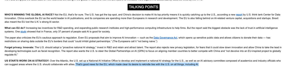 Quick thread about  @POLITICOEUTech AI:Decoded today.I have questions about their extensive coverage of a report by U.S. think tank "Center for Data Innovation". 1/7