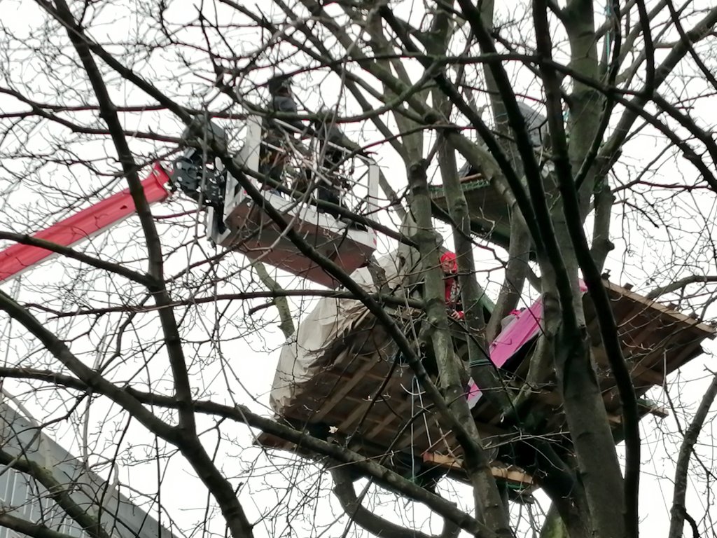 Update: enforcement officers have gone up in the cherry picker again.Protesters are talking to them but show no sign of wanting to come down.