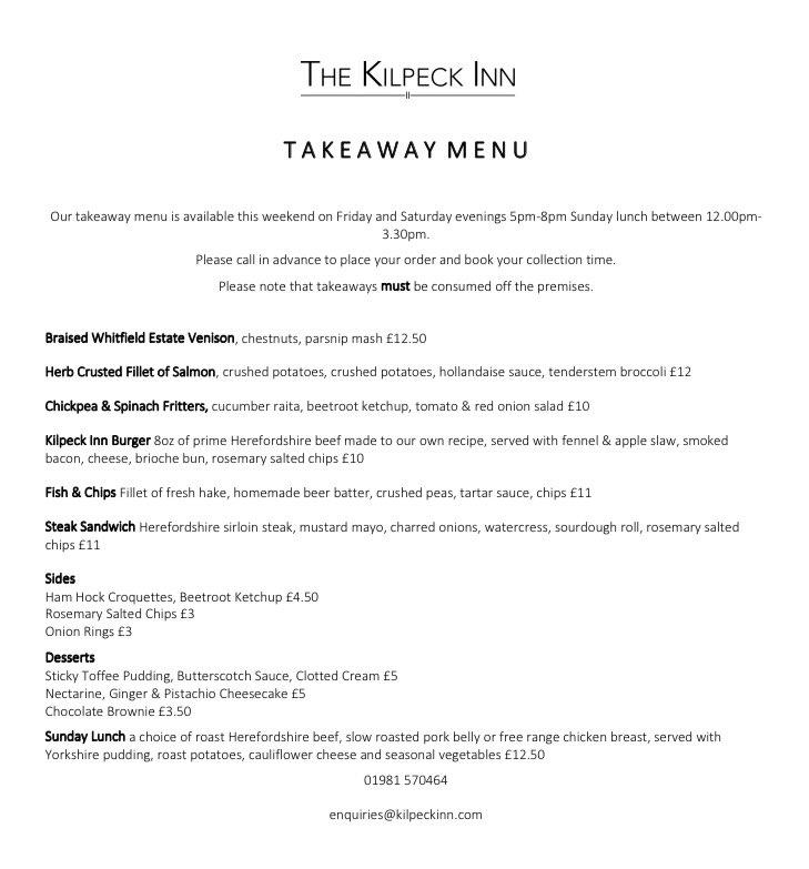 New takeaway menu! Served Friday and Saturday 5pm-8pm and Sunday 12pm-3.30pm