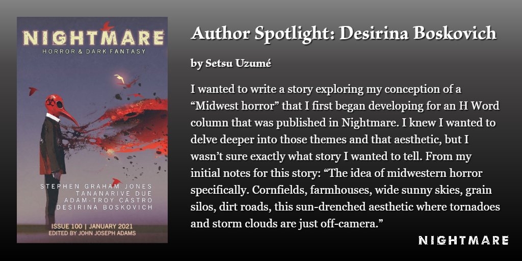 Author Spotlight: Desirina Boskovich (@thedesirina) by Setsu Uzumé (@scribblesassin). 

Part of our month-long special celebration of NIGHTMARE's 100th issue! #NIGHTMARE100

nightmare-magazine.com/nonfiction/aut…