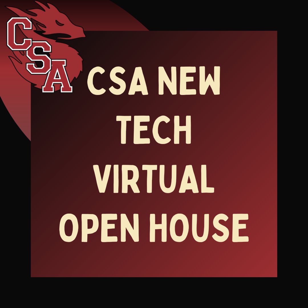 CSANewTechHS's tweet image. Check out our CSA New Tech Virtual Open House! Get a virtual tour, learn more about our program, and hear testimonials from CSA parents and students!

ow.ly/Ai5650DiTCB

Join the CSA New Tech Dragons today - the application is on the flyer!