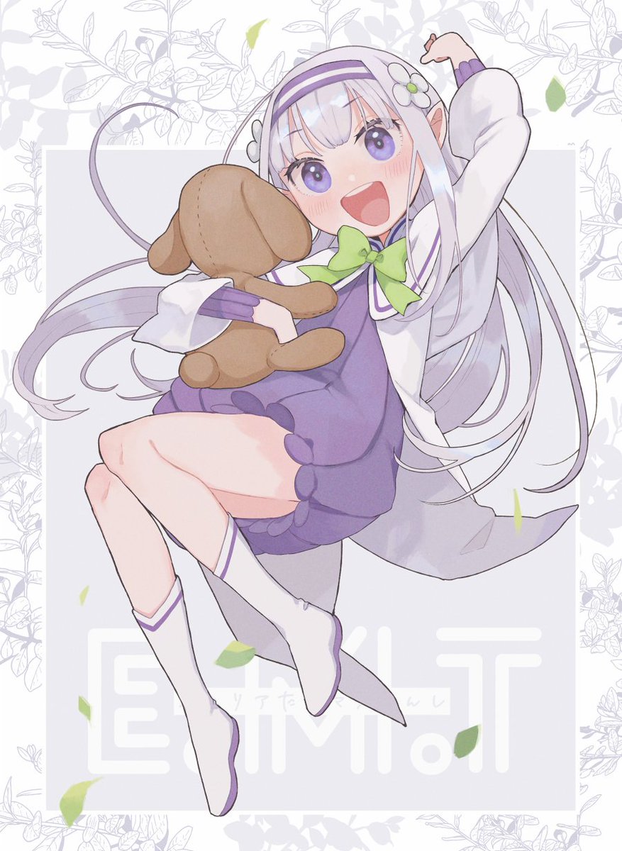 emilia (re:zero) 1girl long hair aged down purple eyes hair ornament bangs stuffed toy  illustration images