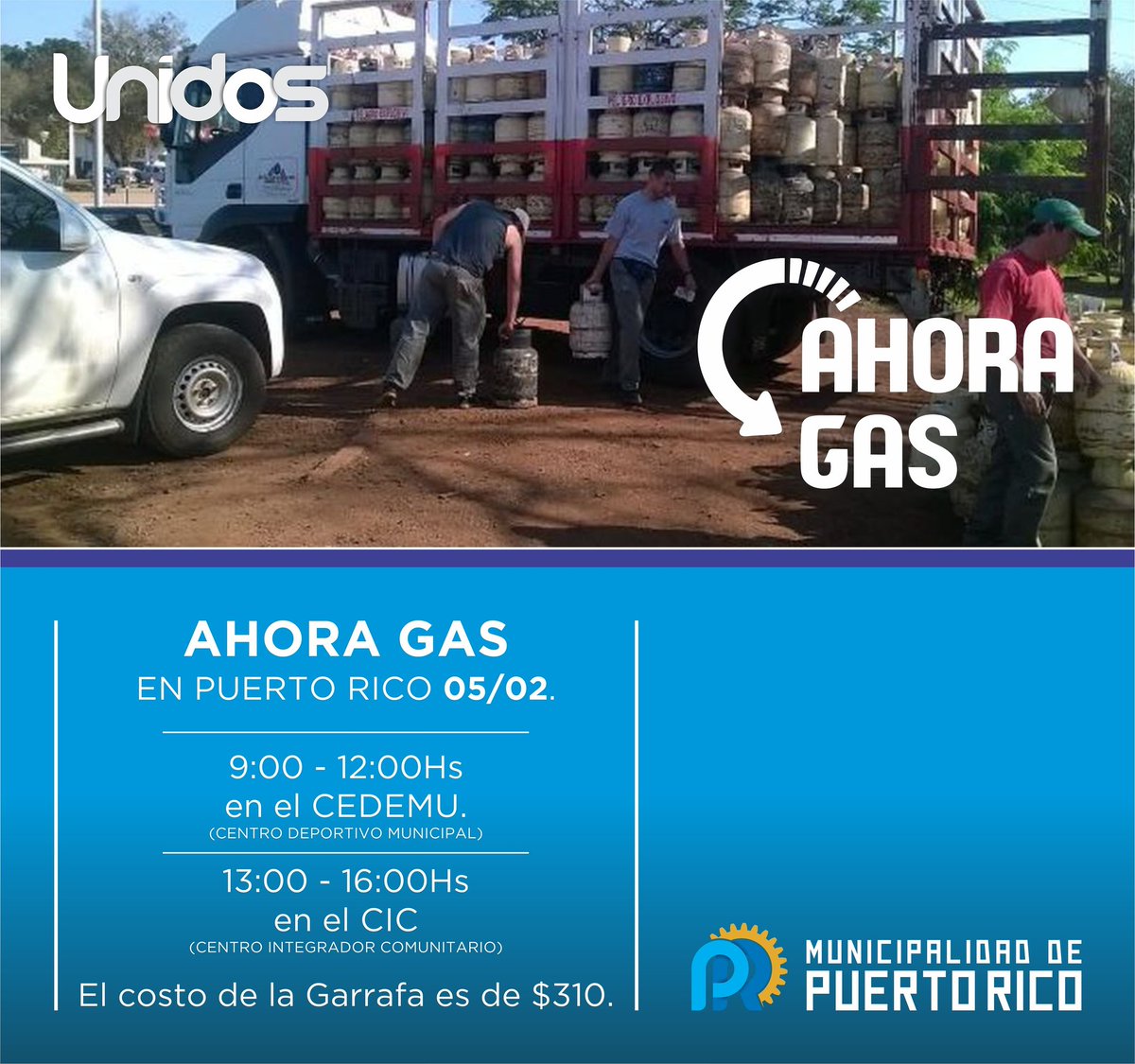 ➡️ Llega el programa #AhoraGas el 05/02.

📍 En el Centro Deportivo Municipal de 🕘 9:00 a 🕛 12:00 hs.
📍 En el Centro Integrador Comunitario de 🕐 13:00 a 🕓 16:00 hs.
#Unidos
#MunicipalidadDePuertoRico
