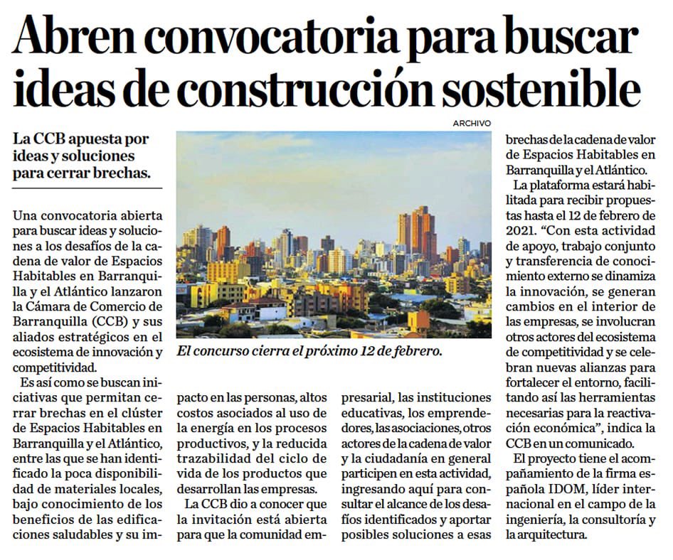 #SomosNoticia en El Heraldo con "Abren convocatoria para buscar ideas de construcción sostenible" mediante proceso de innovación  abierta que lanzaron la Cámara de Comercio de Barranquilla y sus aliados estratégicos en el ecosistema de innovación y competitividad.