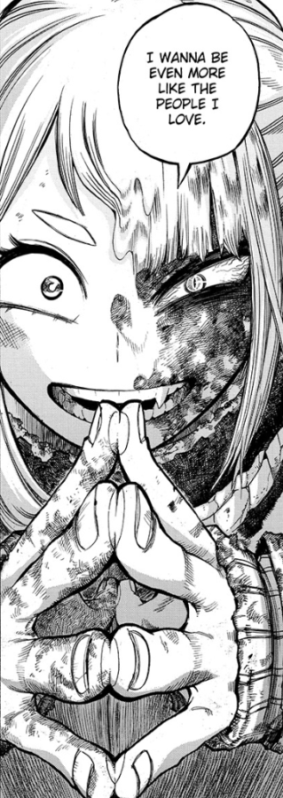 I do not believe this Quirk Evolution is completely unwarranted. She is ingesting the blood of another person to physically become them, logically, a quirk is a biological feature of another person. It seems to me this is a fairly reasonable evolution of her Quirk.