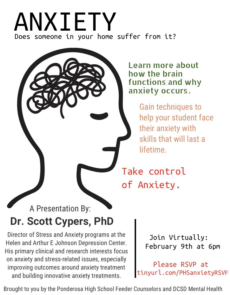 PHSPostGrad's tweet image. Anxiety - Does someone in your home suffer from it? Learn more and how to take control of it on Feb 9th at 6PM!